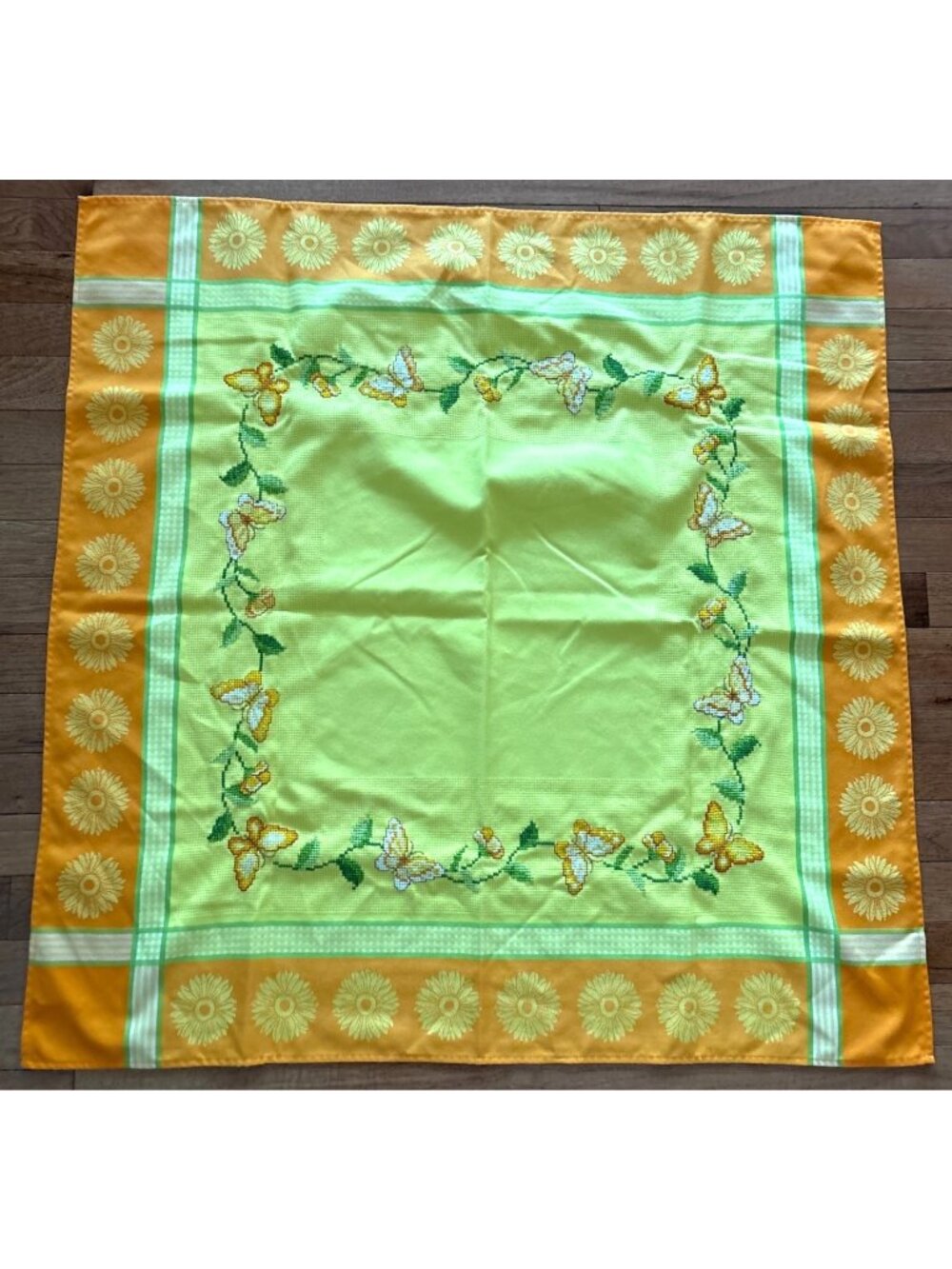 Handmade 34" Cross-Stitched Tablecloth Yellow/Orange Floral Butterfly Square